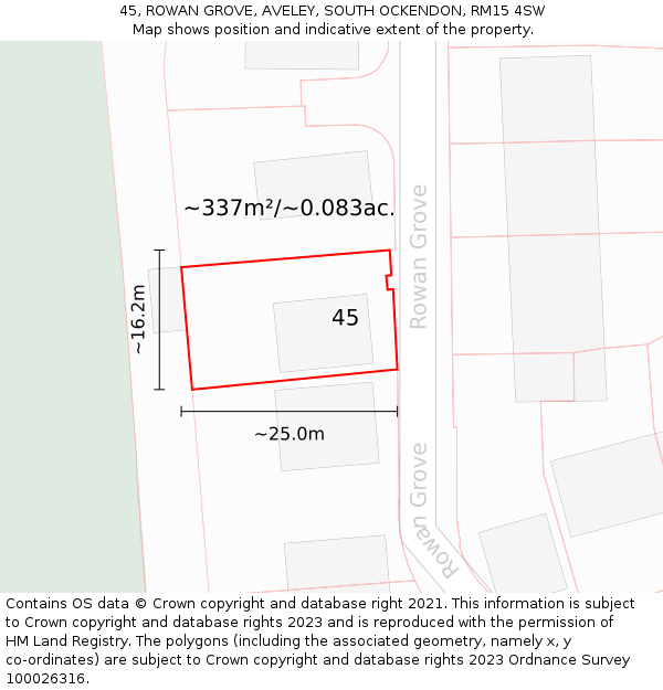 45, ROWAN GROVE, AVELEY, SOUTH OCKENDON, RM15 4SW: Plot and title map