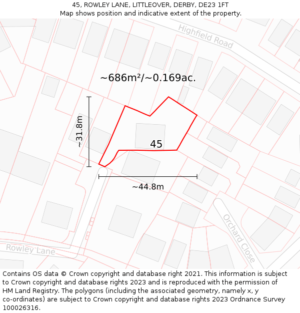 45, ROWLEY LANE, LITTLEOVER, DERBY, DE23 1FT: Plot and title map