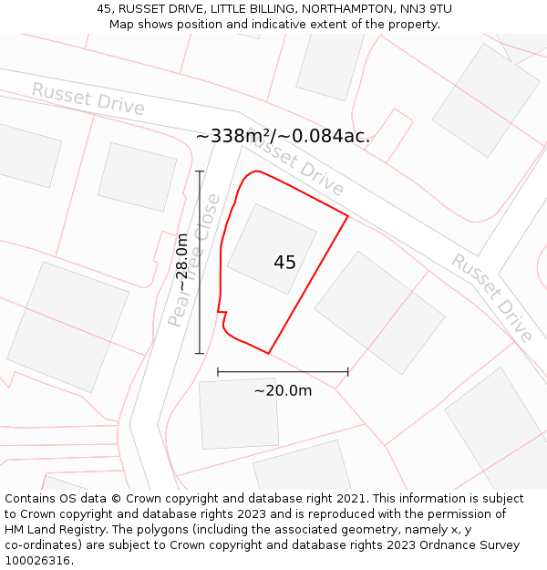 45, RUSSET DRIVE, LITTLE BILLING, NORTHAMPTON, NN3 9TU: Plot and title map