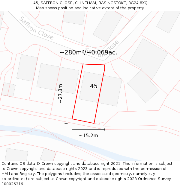 45, SAFFRON CLOSE, CHINEHAM, BASINGSTOKE, RG24 8XQ: Plot and title map