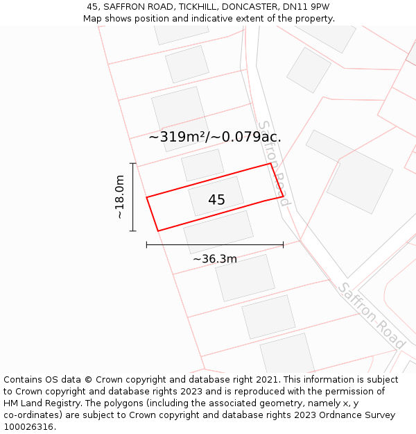45, SAFFRON ROAD, TICKHILL, DONCASTER, DN11 9PW: Plot and title map