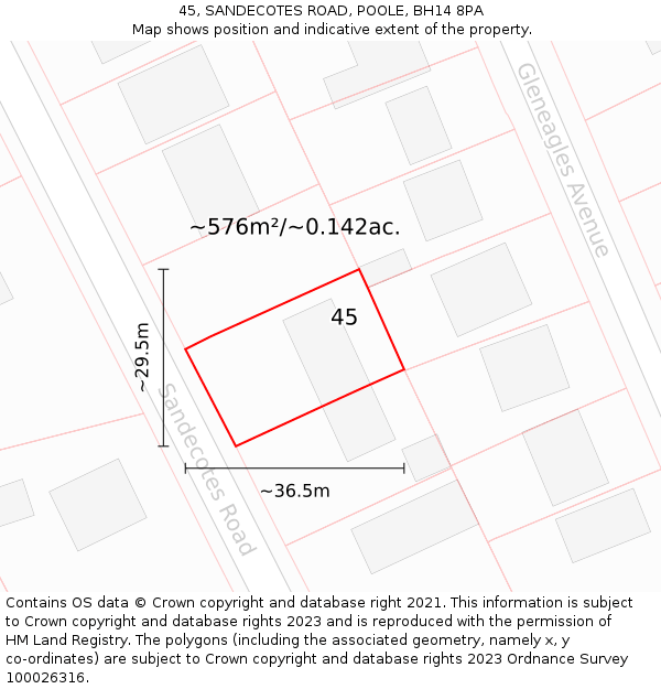 45, SANDECOTES ROAD, POOLE, BH14 8PA: Plot and title map