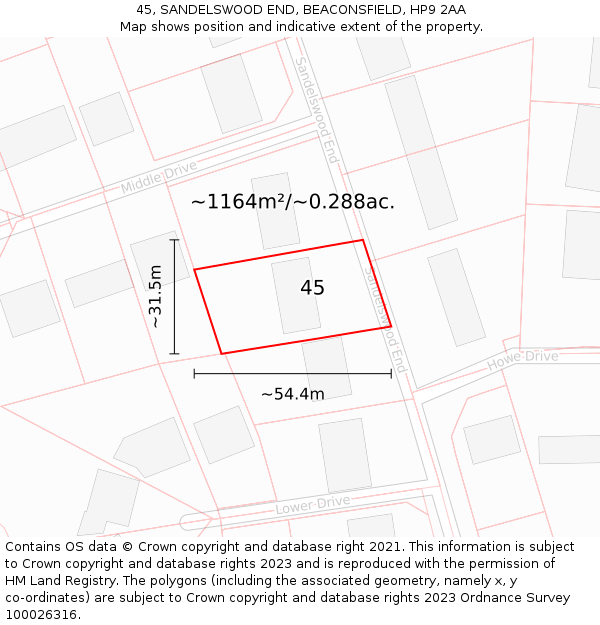 45, SANDELSWOOD END, BEACONSFIELD, HP9 2AA: Plot and title map