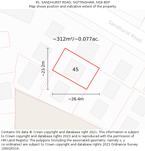 45, SANDHURST ROAD, NOTTINGHAM, NG6 8DP: Plot and title map