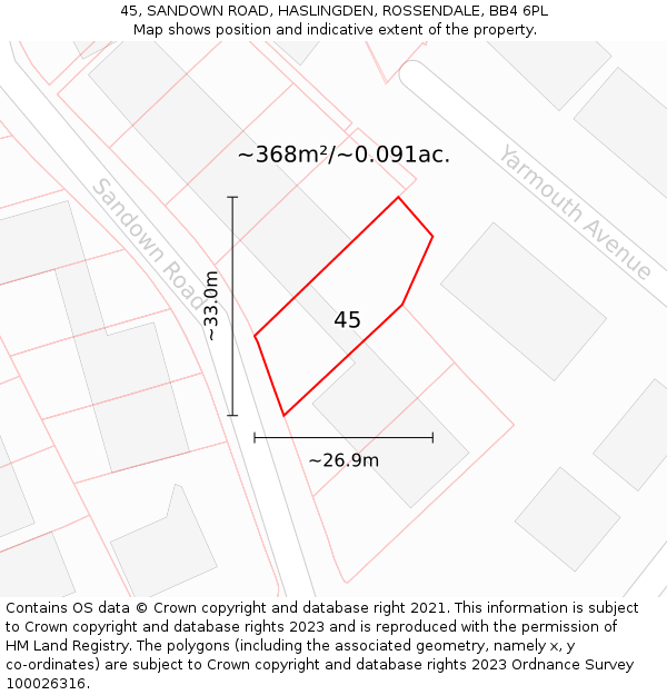 45, SANDOWN ROAD, HASLINGDEN, ROSSENDALE, BB4 6PL: Plot and title map