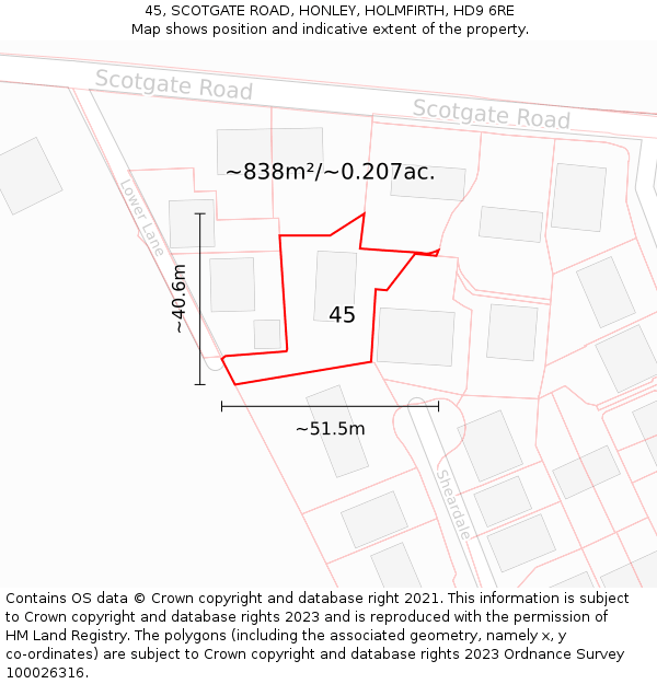 45, SCOTGATE ROAD, HONLEY, HOLMFIRTH, HD9 6RE: Plot and title map