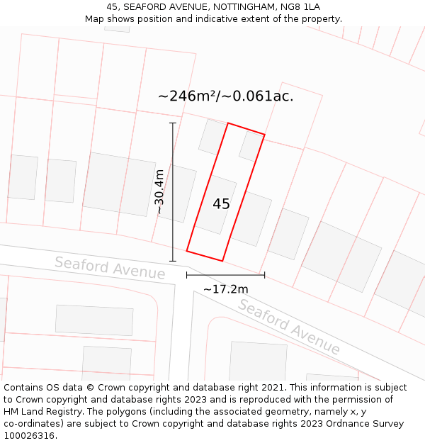 45, SEAFORD AVENUE, NOTTINGHAM, NG8 1LA: Plot and title map