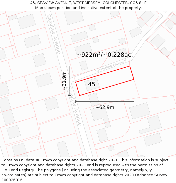 45, SEAVIEW AVENUE, WEST MERSEA, COLCHESTER, CO5 8HE: Plot and title map