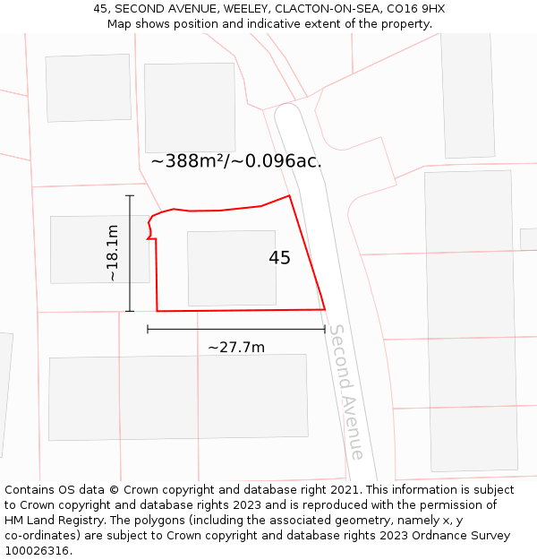 45, SECOND AVENUE, WEELEY, CLACTON-ON-SEA, CO16 9HX: Plot and title map