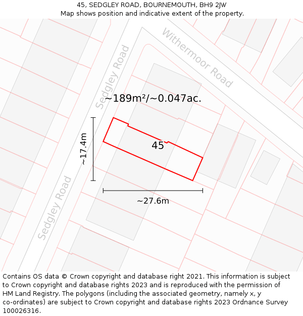 45, SEDGLEY ROAD, BOURNEMOUTH, BH9 2JW: Plot and title map