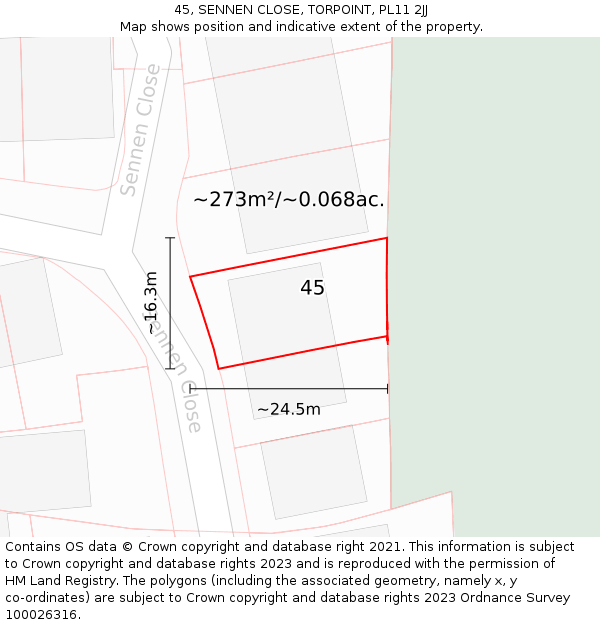 45, SENNEN CLOSE, TORPOINT, PL11 2JJ: Plot and title map