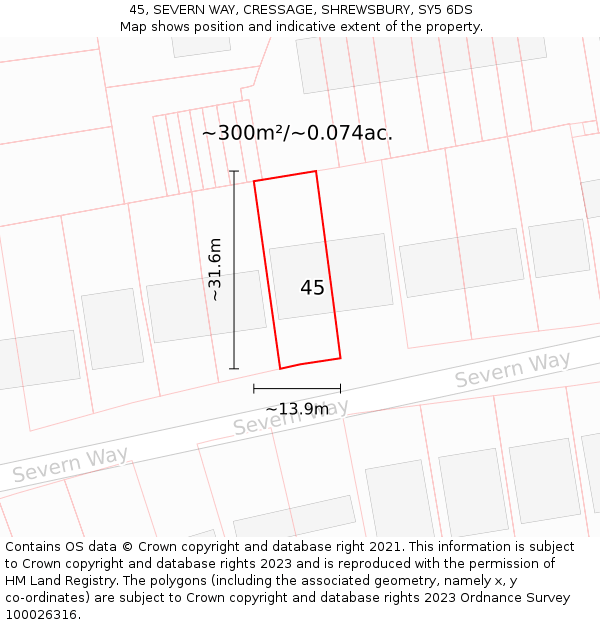 45, SEVERN WAY, CRESSAGE, SHREWSBURY, SY5 6DS: Plot and title map