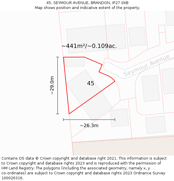 45, SEYMOUR AVENUE, BRANDON, IP27 0XB: Plot and title map