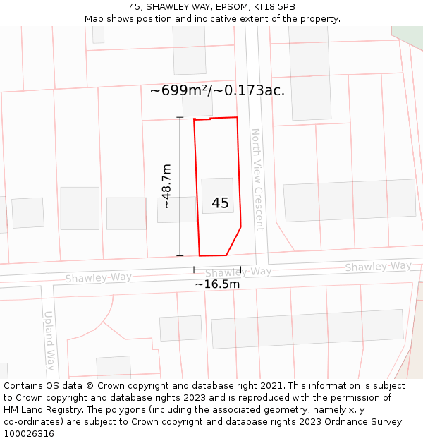 45, SHAWLEY WAY, EPSOM, KT18 5PB: Plot and title map