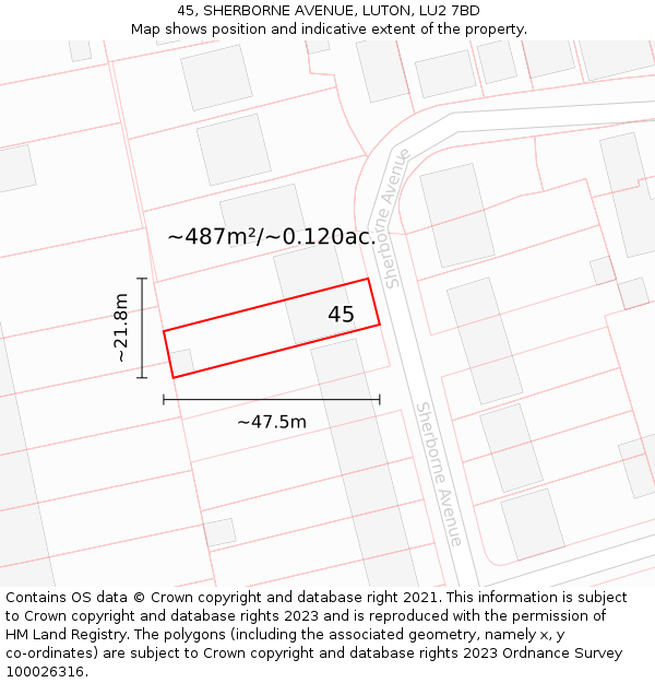 45, SHERBORNE AVENUE, LUTON, LU2 7BD: Plot and title map