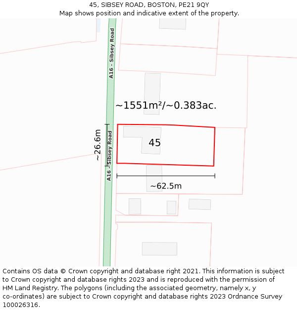 45, SIBSEY ROAD, BOSTON, PE21 9QY: Plot and title map