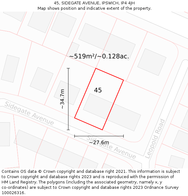 45, SIDEGATE AVENUE, IPSWICH, IP4 4JH: Plot and title map