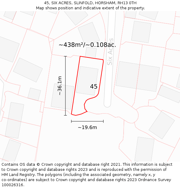 45, SIX ACRES, SLINFOLD, HORSHAM, RH13 0TH: Plot and title map
