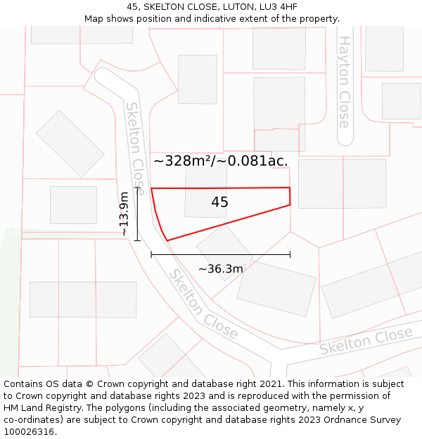 45, SKELTON CLOSE, LUTON, LU3 4HF: Plot and title map