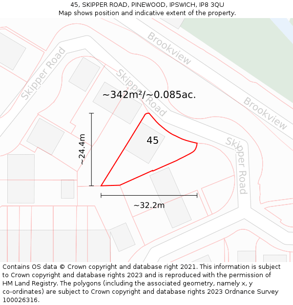45, SKIPPER ROAD, PINEWOOD, IPSWICH, IP8 3QU: Plot and title map