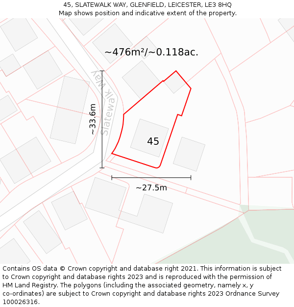 45, SLATEWALK WAY, GLENFIELD, LEICESTER, LE3 8HQ: Plot and title map