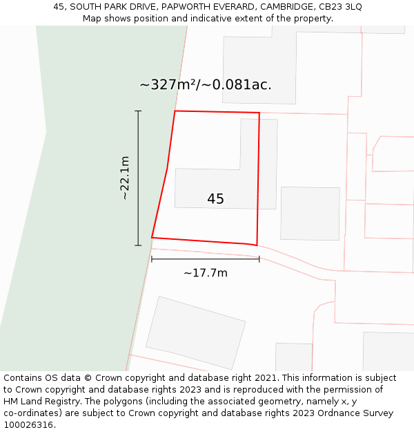 45, SOUTH PARK DRIVE, PAPWORTH EVERARD, CAMBRIDGE, CB23 3LQ: Plot and title map