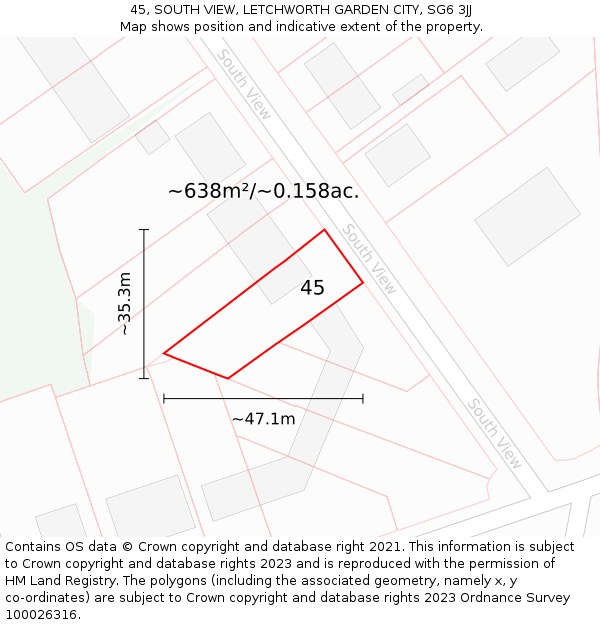 45, SOUTH VIEW, LETCHWORTH GARDEN CITY, SG6 3JJ: Plot and title map
