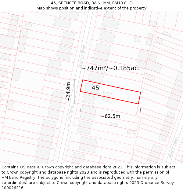 45, SPENCER ROAD, RAINHAM, RM13 8HD: Plot and title map