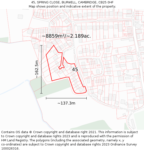 45, SPRING CLOSE, BURWELL, CAMBRIDGE, CB25 0HF: Plot and title map