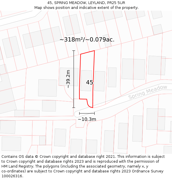 45, SPRING MEADOW, LEYLAND, PR25 5UR: Plot and title map