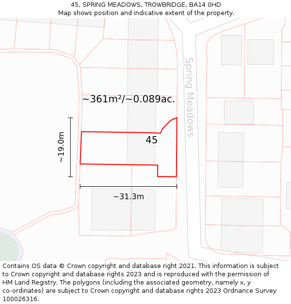 45, SPRING MEADOWS, TROWBRIDGE, BA14 0HD: Plot and title map