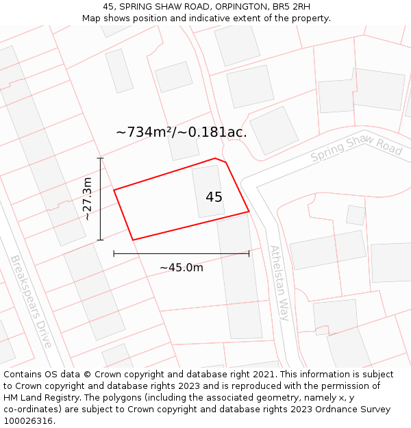 45, SPRING SHAW ROAD, ORPINGTON, BR5 2RH: Plot and title map