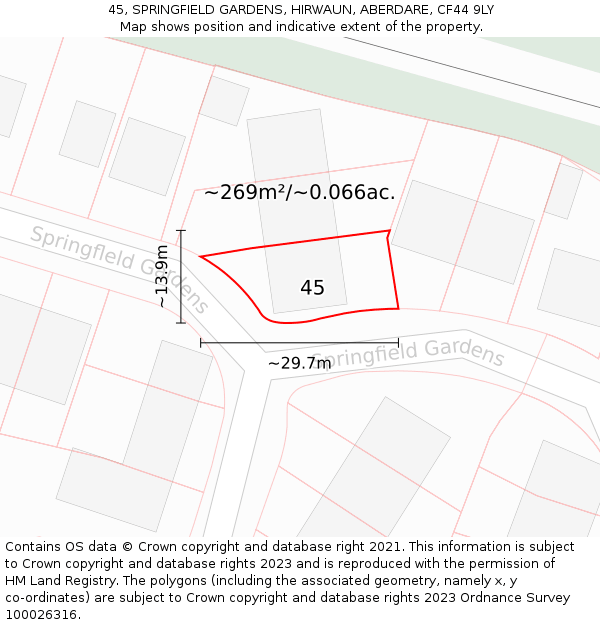 45, SPRINGFIELD GARDENS, HIRWAUN, ABERDARE, CF44 9LY: Plot and title map
