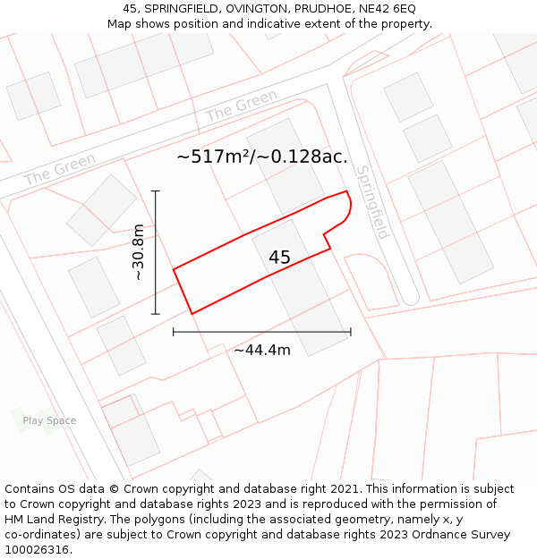 45, SPRINGFIELD, OVINGTON, PRUDHOE, NE42 6EQ: Plot and title map