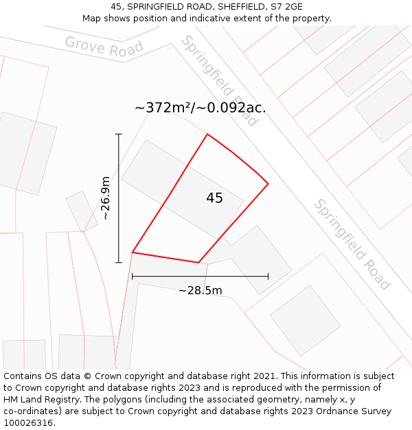 45, SPRINGFIELD ROAD, SHEFFIELD, S7 2GE: Plot and title map