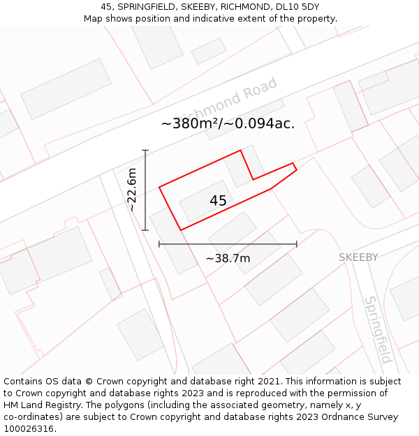 45, SPRINGFIELD, SKEEBY, RICHMOND, DL10 5DY: Plot and title map