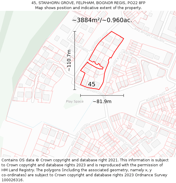 45, STANHORN GROVE, FELPHAM, BOGNOR REGIS, PO22 8FP: Plot and title map