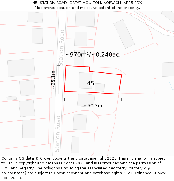 45, STATION ROAD, GREAT MOULTON, NORWICH, NR15 2DX: Plot and title map