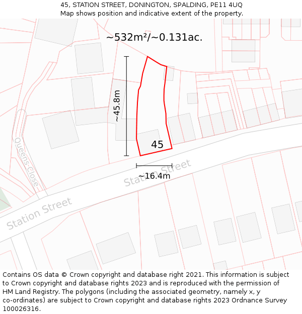 45, STATION STREET, DONINGTON, SPALDING, PE11 4UQ: Plot and title map