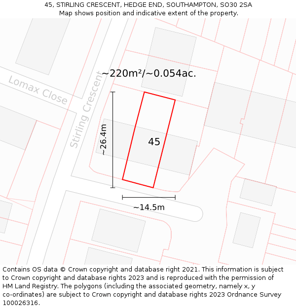 45, STIRLING CRESCENT, HEDGE END, SOUTHAMPTON, SO30 2SA: Plot and title map