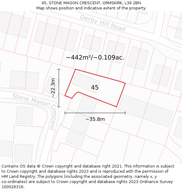45, STONE MASON CRESCENT, ORMSKIRK, L39 2BN: Plot and title map
