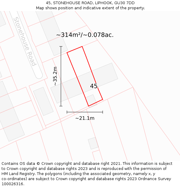 45, STONEHOUSE ROAD, LIPHOOK, GU30 7DD: Plot and title map