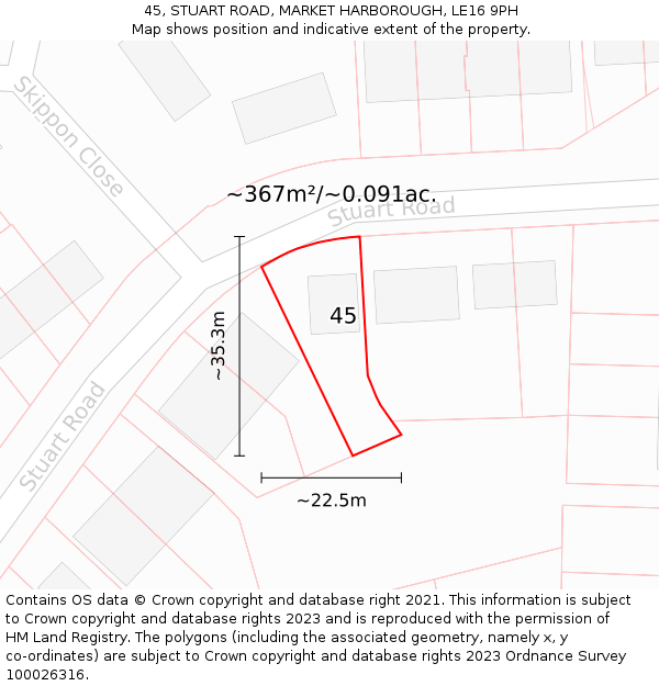 45, STUART ROAD, MARKET HARBOROUGH, LE16 9PH: Plot and title map