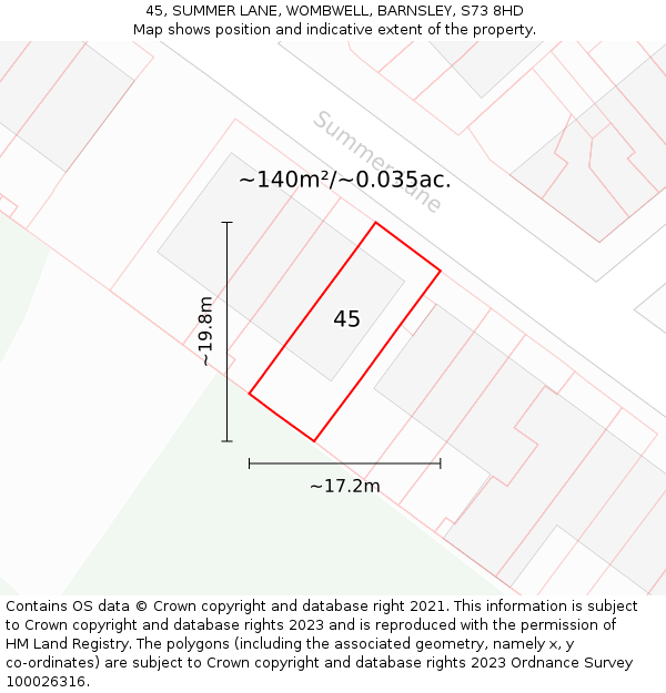 45, SUMMER LANE, WOMBWELL, BARNSLEY, S73 8HD: Plot and title map