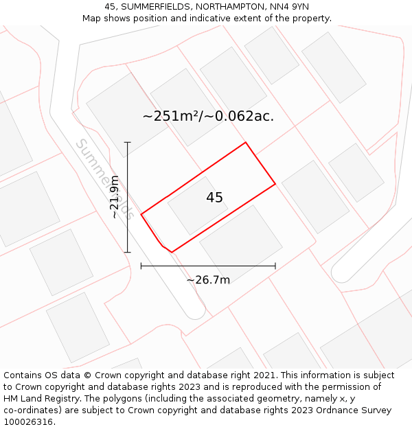 45, SUMMERFIELDS, NORTHAMPTON, NN4 9YN: Plot and title map
