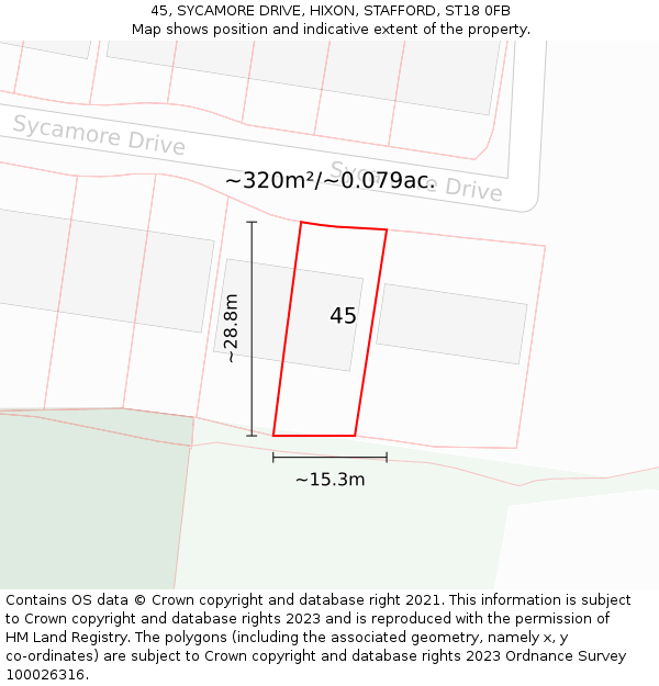 45, SYCAMORE DRIVE, HIXON, STAFFORD, ST18 0FB: Plot and title map