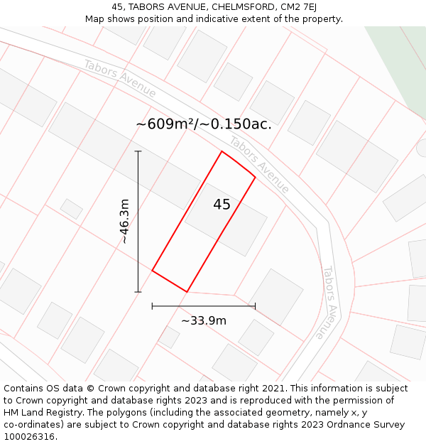 45, TABORS AVENUE, CHELMSFORD, CM2 7EJ: Plot and title map