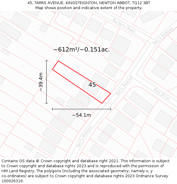 45, TARRS AVENUE, KINGSTEIGNTON, NEWTON ABBOT, TQ12 3BT: Plot and title map