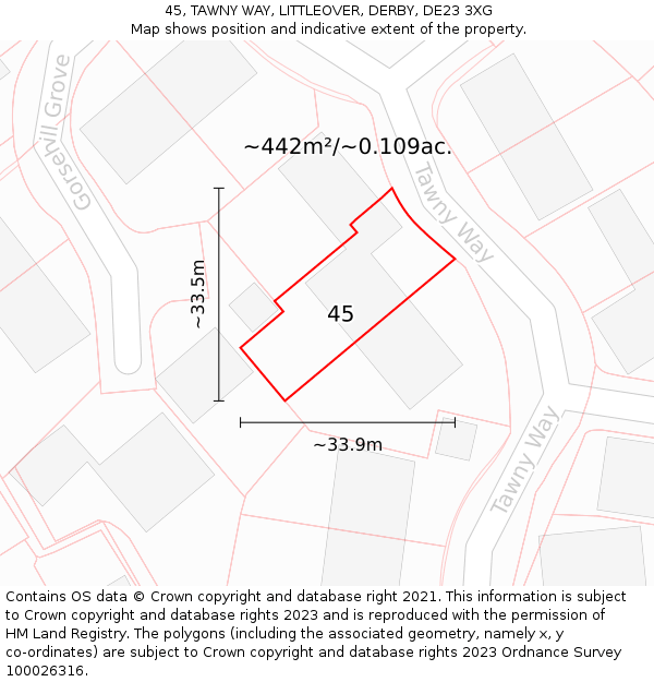 45, TAWNY WAY, LITTLEOVER, DERBY, DE23 3XG: Plot and title map