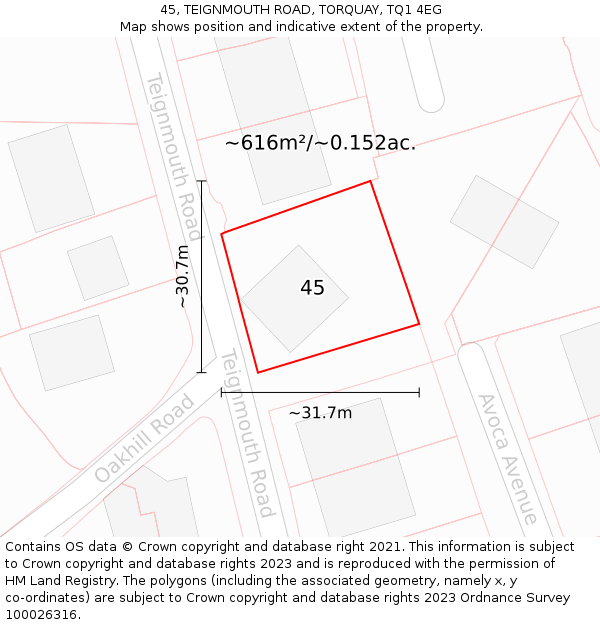 45, TEIGNMOUTH ROAD, TORQUAY, TQ1 4EG: Plot and title map